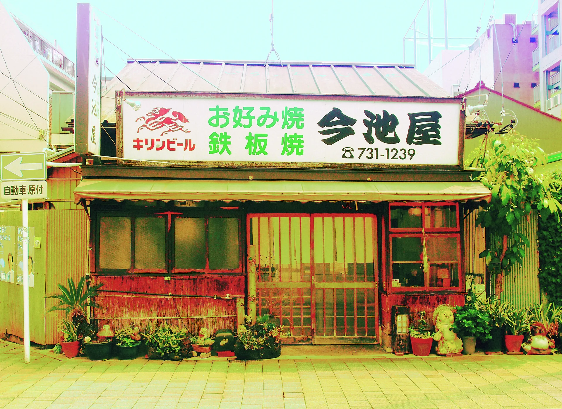 Potted plants line an aging wooden storefront beneath a broad sign filled with green and black Japanese lettering.