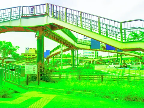 Green-tinted pedestrian bridge stairs cross above railings, roads, and a grassy verge beside yellow tactile paving.