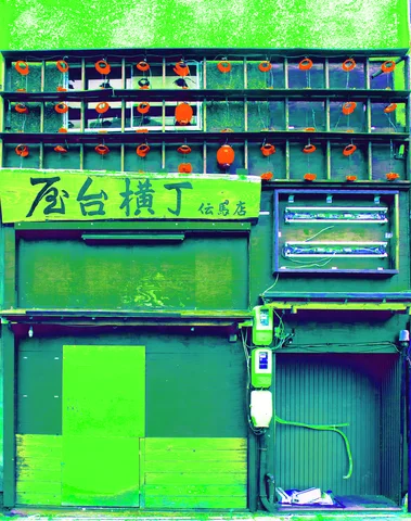 Small orange decorations fill upper window panes above a green sign and closed green storefront.