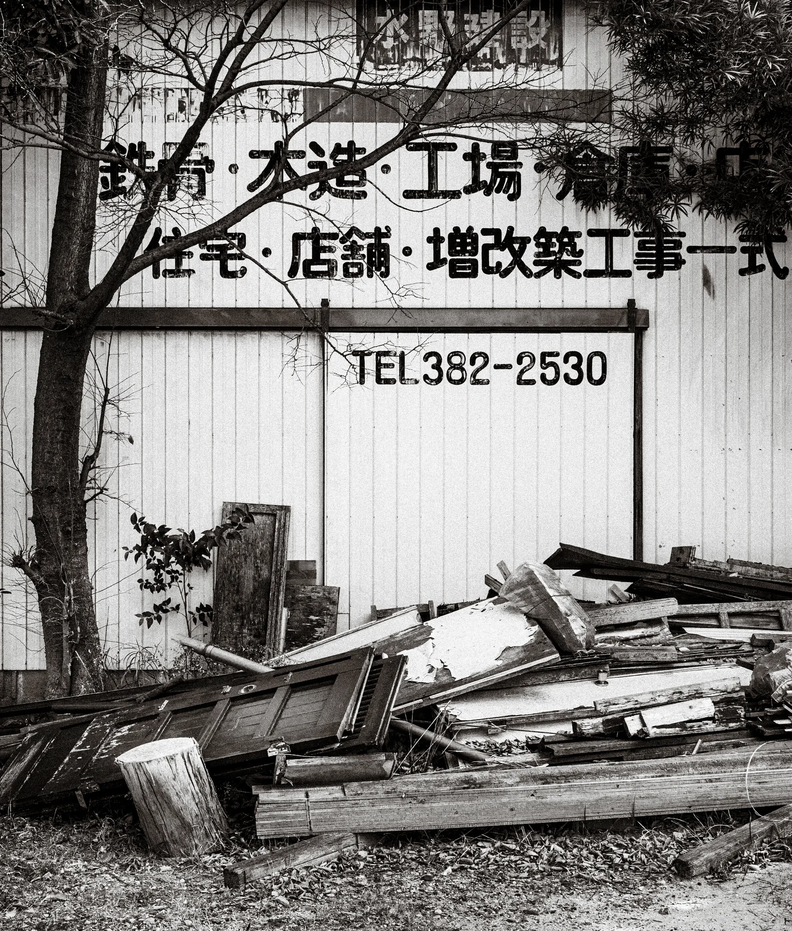 Discarded wooden boards and frames lie beneath bold wall lettering and bare branches in black and white.