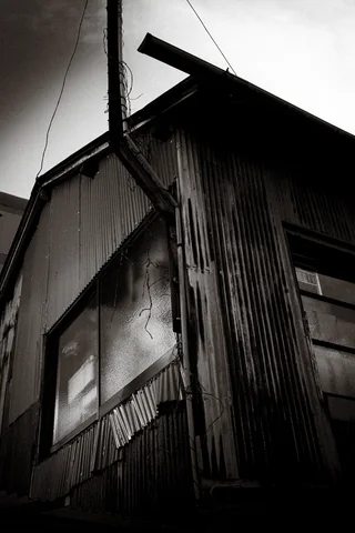 A corrugated building rises beneath crossed roof beams and a utility pole in black and white.