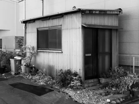 A small corrugated shed has a sliding door and dark window amid weeds and potted plants.