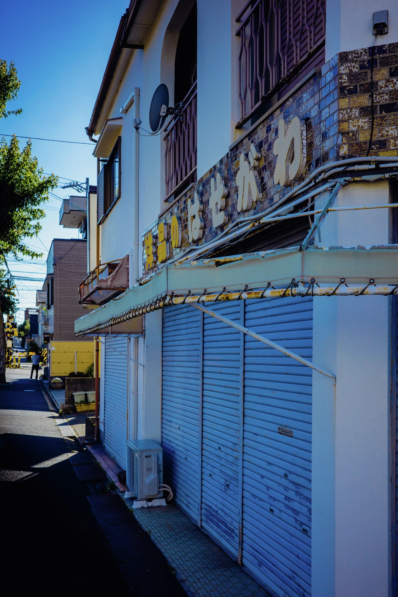 Closed blue shop shutters line a narrow street beneath a faded sign and barred upper windows.
