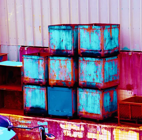 Rust-streaked turquoise metal bins stack against a pale corrugated wall above bright red containers.