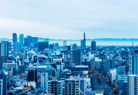 Blue-toned city buildings extend around a straight tree-lined road toward distant hills beneath a pale sky.