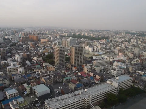 Dense low city buildings and several apartment towers stretch beneath a hazy gray sky.