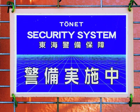 A blue security sign with white lettering and a perspective grid is fastened to a tiled wall.
