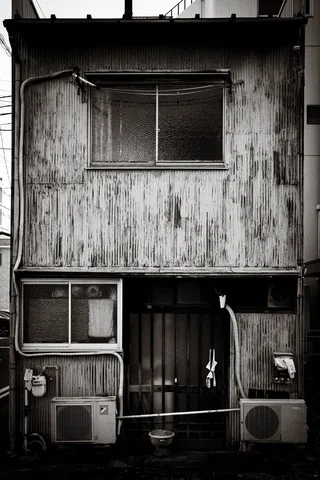 A weathered two-story wooden facade has screened windows and two ground-level air conditioners in black and white.