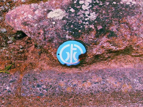 A small blue circular marker with a white symbol is embedded in rough pink-toned stone.