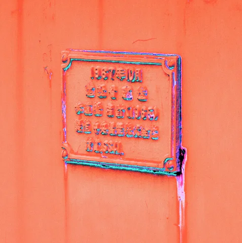 A small ornate rectangular plaque with faded raised lettering is mounted on an orange wall.