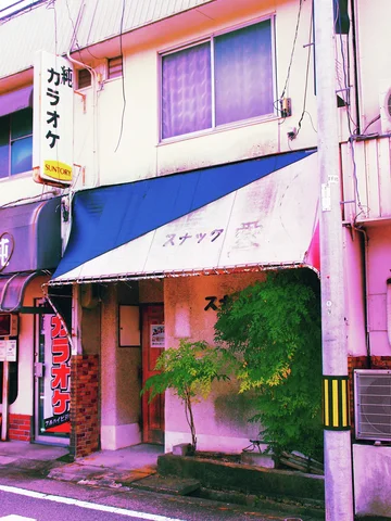 A pink storefront has a blue and white awning, narrow entrance, and closely trimmed green shrub.