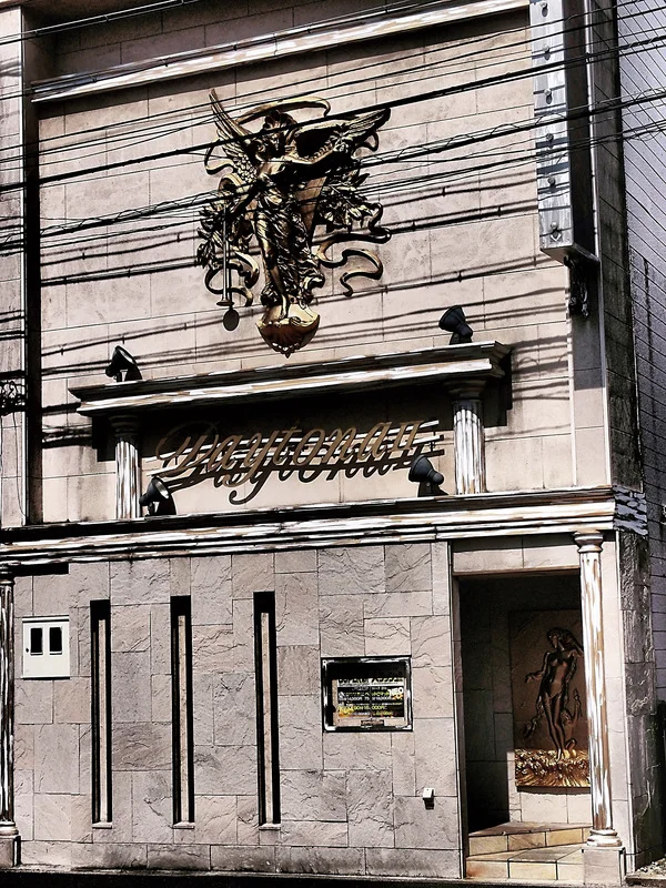 An ornate metallic crest decorates a stone-clad facade above cursive lettering and narrow vertical recesses.
