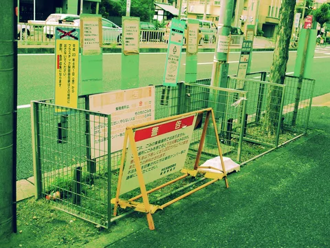 Several bus-stop signs line a fenced sidewalk beside a yellow-framed notice and tree trunk.