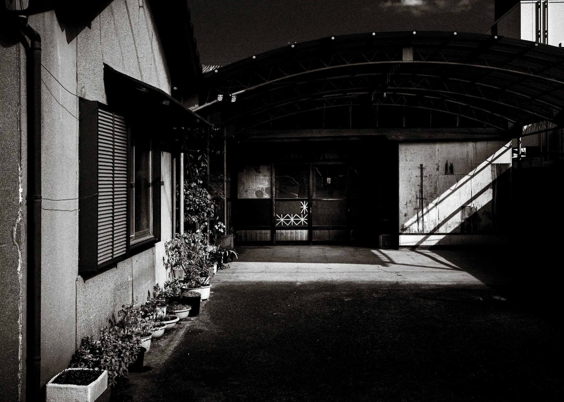 A curved canopy covers a shadowy entrance courtyard lined with small potted plants in black and white.