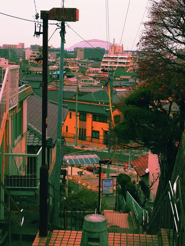 A steep stairway descends between railings toward tiled roofs and an orange building beneath utility wires.