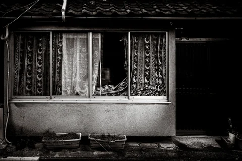 Patterned curtains fill a low house window above empty planters beneath a tiled roof.