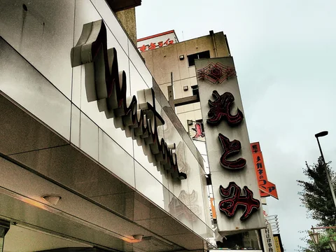 Raised dark letters and large vertical Japanese characters project from a pale storefront beneath a cloudy sky.