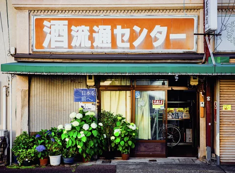 White flowering plants cluster outside a shop beneath a large orange sign and green awning.