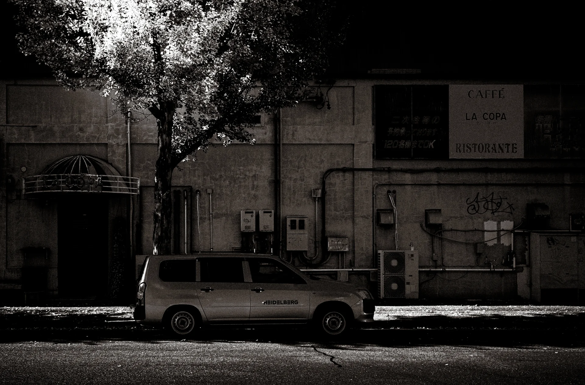 A parked station wagon sits beneath a leafy tree beside a utility-covered building wall in black and white.