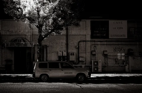 A parked station wagon sits beneath a leafy tree beside a utility-covered building wall in black and white.