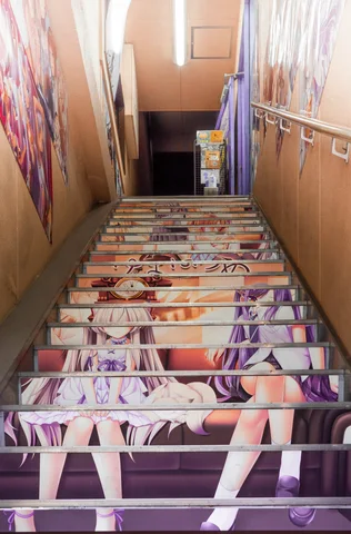 Illustrated figures span the risers of a steep indoor staircase between poster-covered walls and a metal handrail.