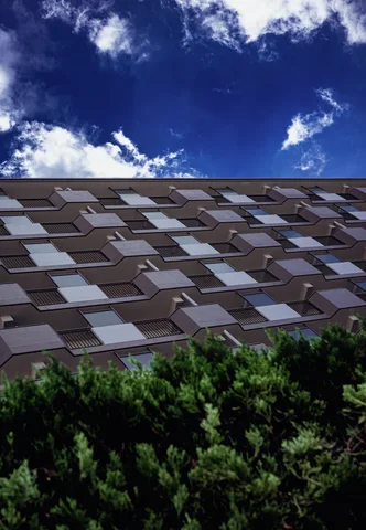A broad facade patterned with staggered pale rectangles rises above dense shrubs beneath blue sky and white clouds.