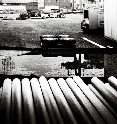 Parallel metal rollers lead toward a puddled industrial yard with stacked tires in monochrome.