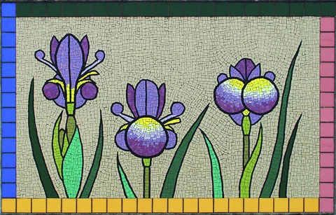 A tiled mosaic depicts three purple flowers and green leaves within a colorful rectangular border.