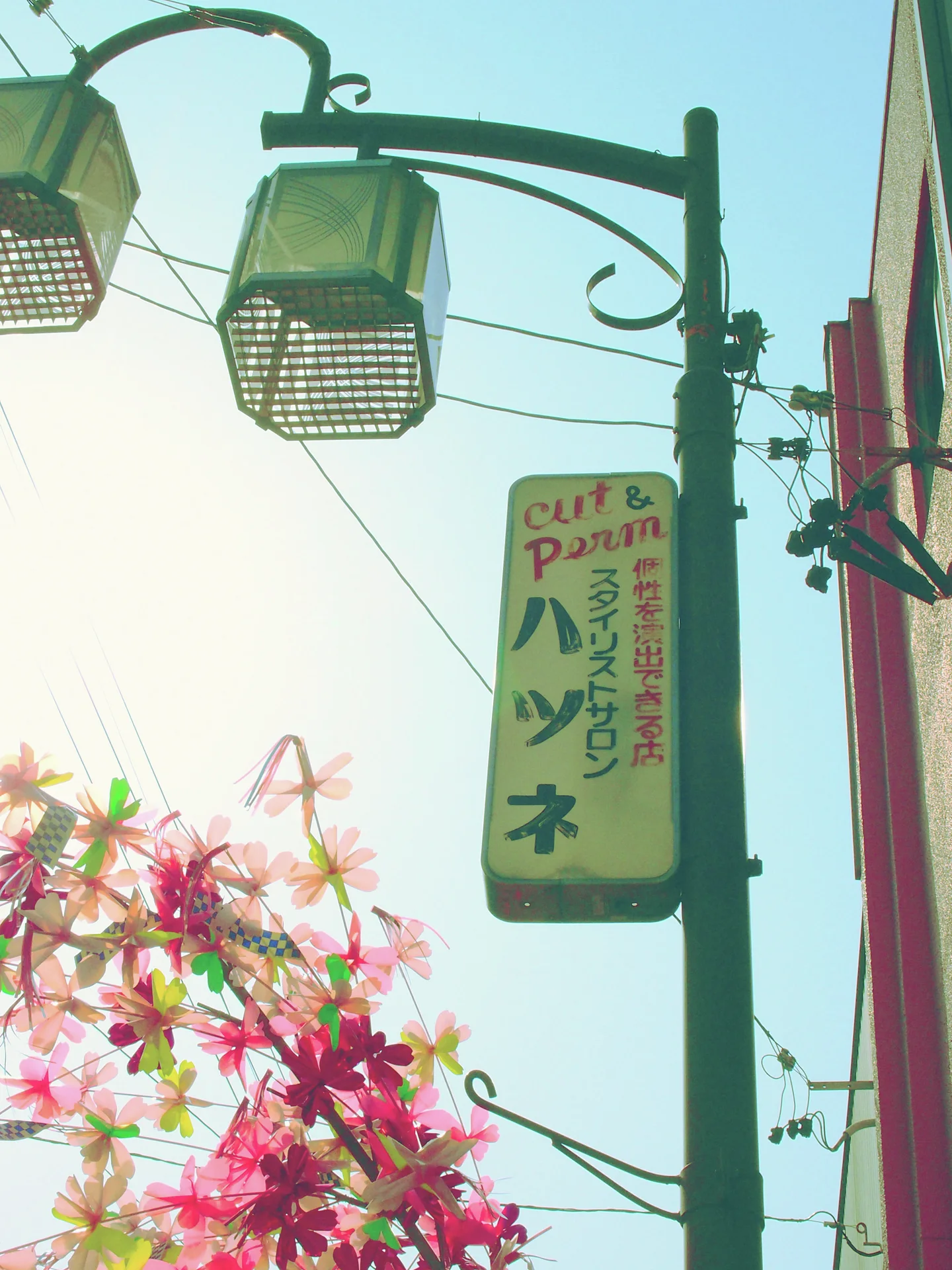 Two box-shaped street lamps hang above a vertical shop sign and pink flowers against pale sky.