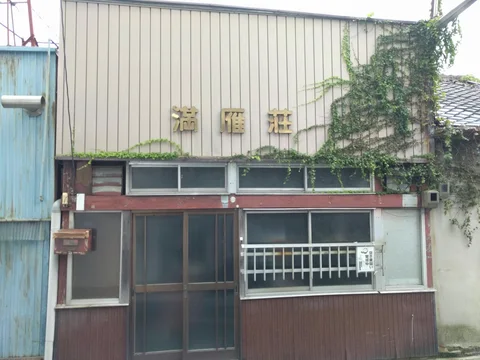 Climbing vines spread across a pale corrugated facade above narrow windows and a dark sliding door.