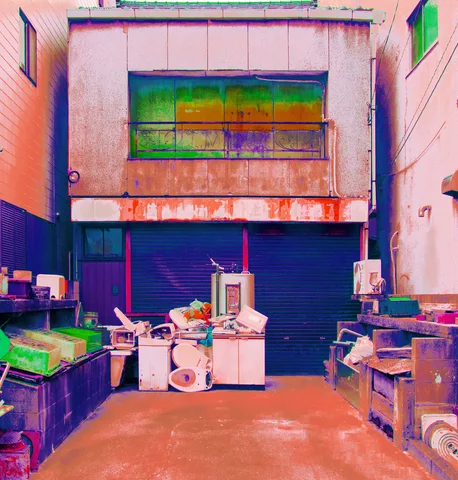 Discarded appliances and stacked containers crowd a courtyard before closed blue shutters.
