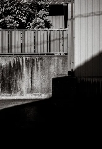 Diagonal sunlight crosses a stained boundary wall and corrugated siding beneath a metal railing in black and white.
