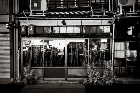 Dry plants grow before a weathered glass storefront beneath tiled eaves and air conditioners in black and white.