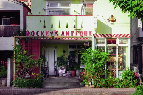 A pale green storefront has red lettering, triangular wall openings, and plants surrounding the entrance.