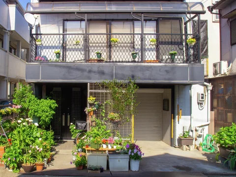 Potted flowers line an upper balcony and sunlit lower courtyard of a gray two-story house.