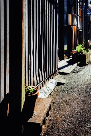 Sunlight forms narrow stripes across vertical siding beside potted plants along a gravel passage.