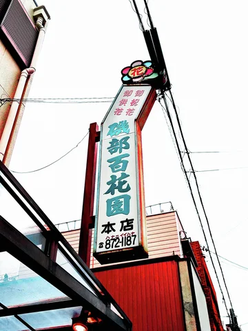 A tall white sign with green Japanese lettering and a flower emblem rises among utility wires.