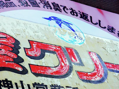 Weathered red lettering and a faded blue emblem cover a pale storefront sign.