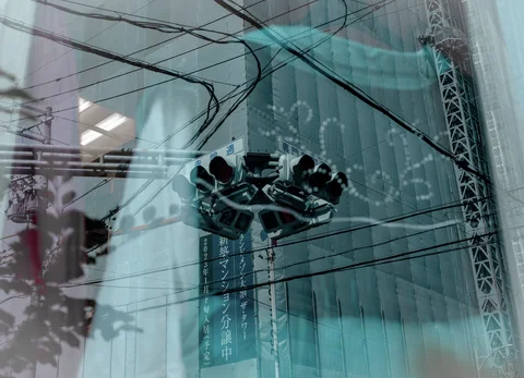 Overhead wires and clustered loudspeakers overlap a blue-covered construction facade through reflections in glass.