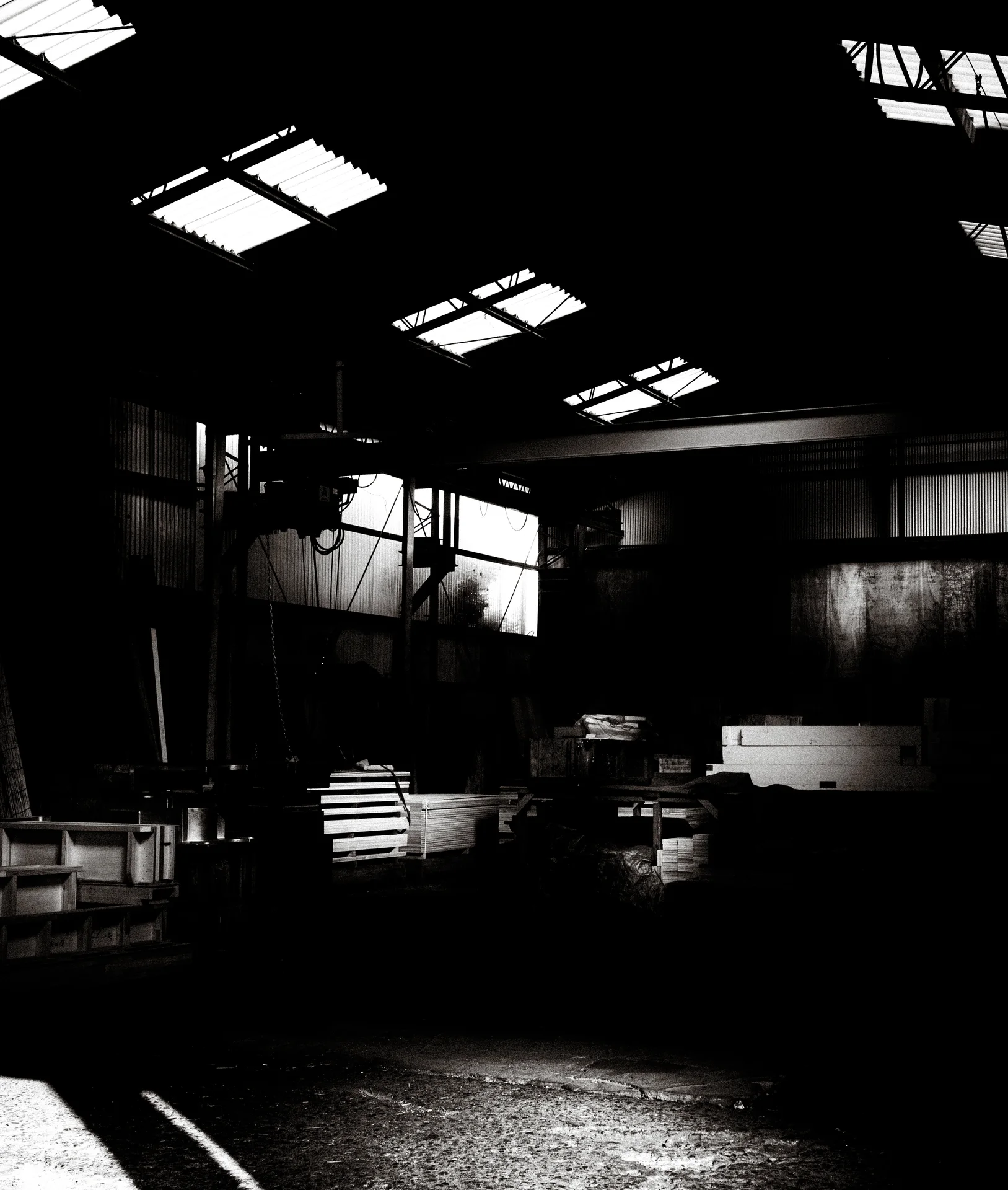 Bright rectangular skylights punctuate the roof of a dark industrial interior in black and white.