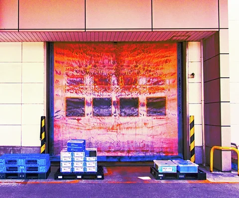 Blue crates and stacked boxes stand before a large rust-colored industrial door framed by pale wall panels.