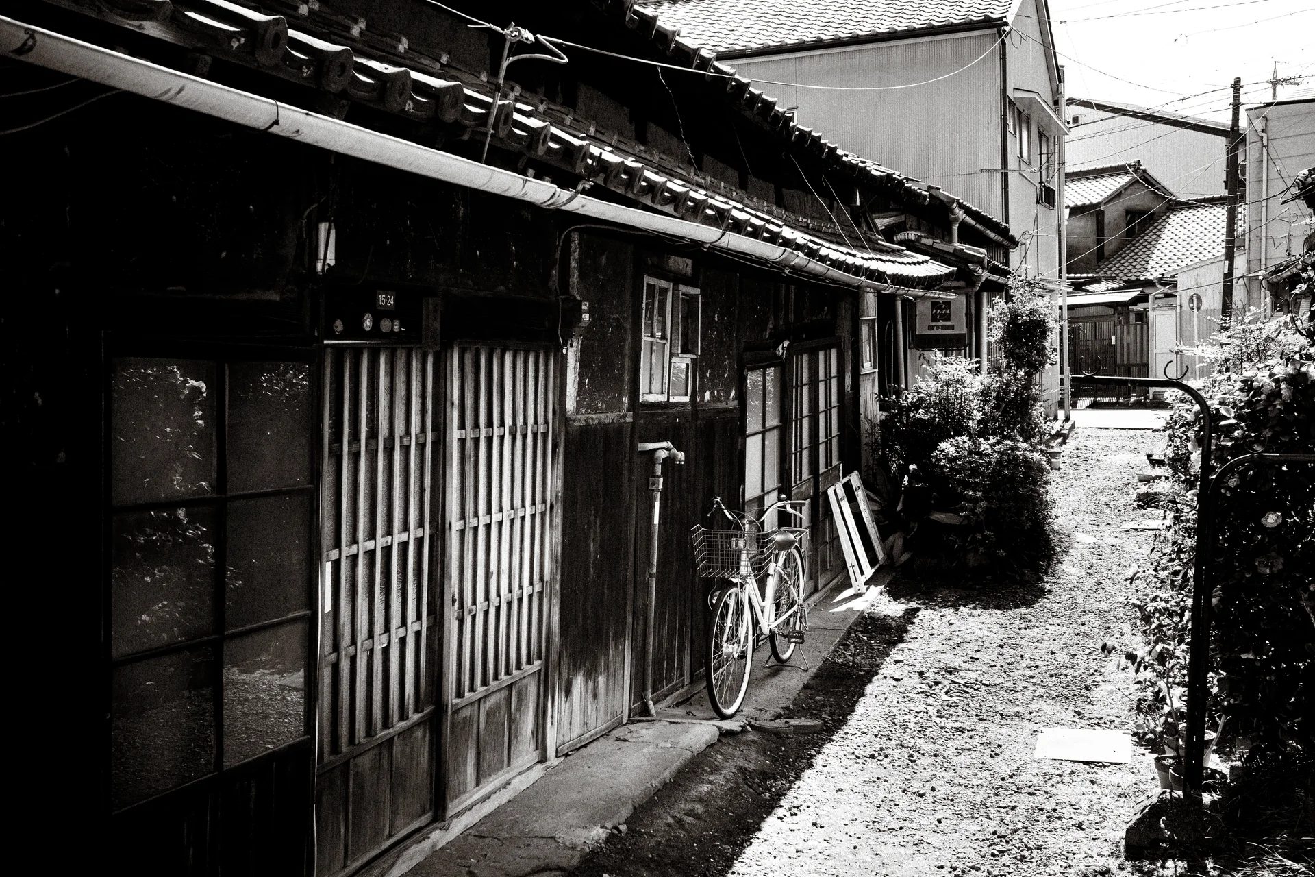 A bicycle leans against a weathered wooden house beside a sunlit gravel lane in monochrome.