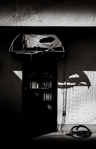 A dark recessed cabinet with a covered top casts an angular wall shadow in black and white.